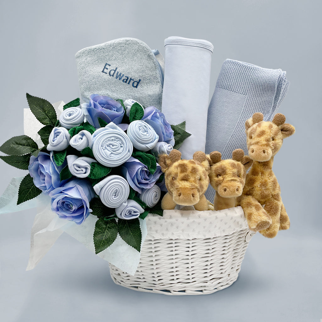 Personalised Three Little Giraffes New Baby Hamper, Blue 