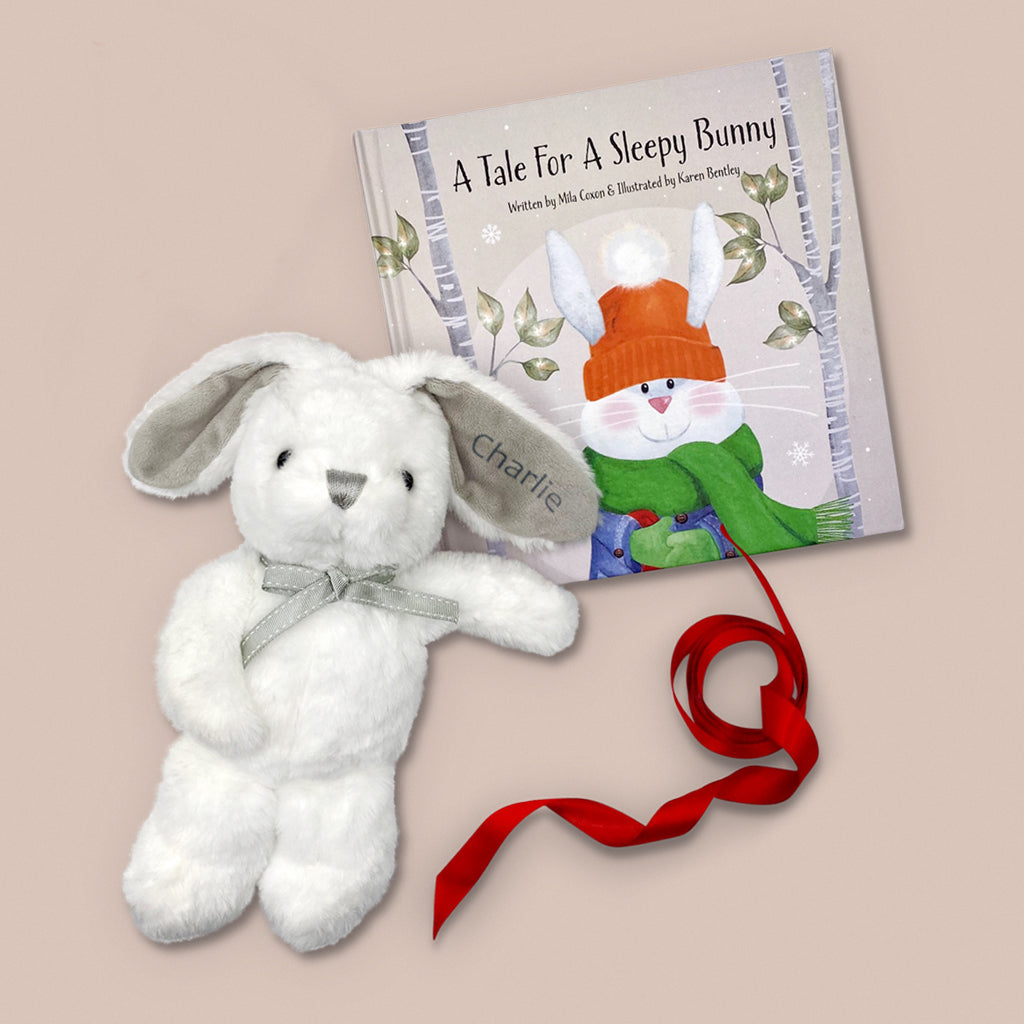 Personalised Little Grey Bunny Soft Toy and A Tale For A Sleepy Bunny Book