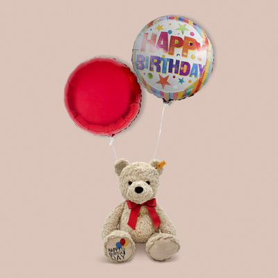 Steiff Jimmy Happy Birthday Bear With Duo Of Happy Birthday Balloons