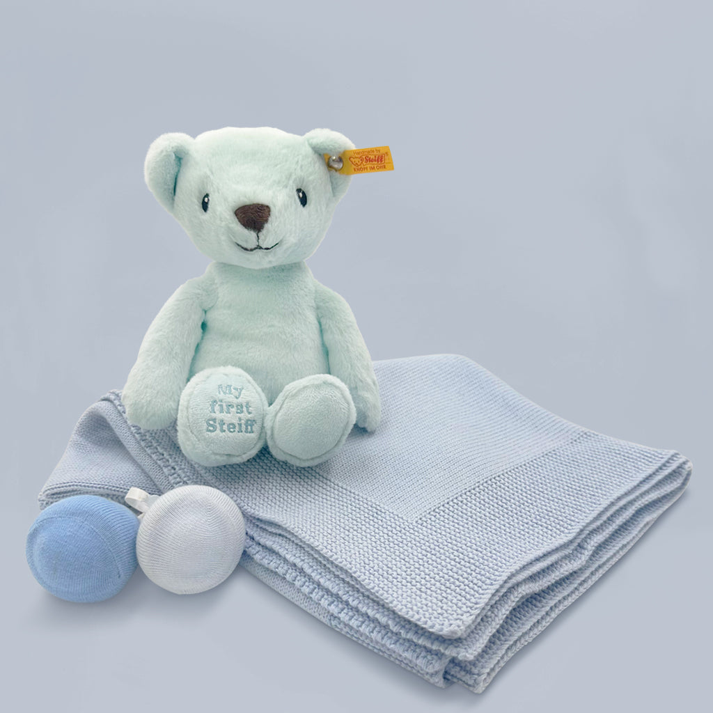 Blue My First Steiff Teddy Bear, Babyblooms' Sock-Pops, 100% Cotton Knitted Baby Blanket 