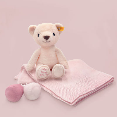 Pink My First Steiff Teddy Bear, Babyblooms' Sock-Pops, 100% Cotton Blanket 