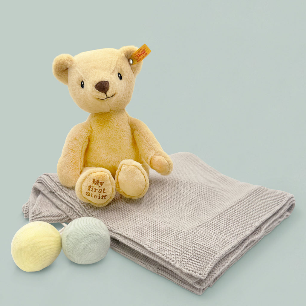 My First Steiff Teddy Bear, Babyblooms' Sock-Pops and Grey Blanket Gift Set