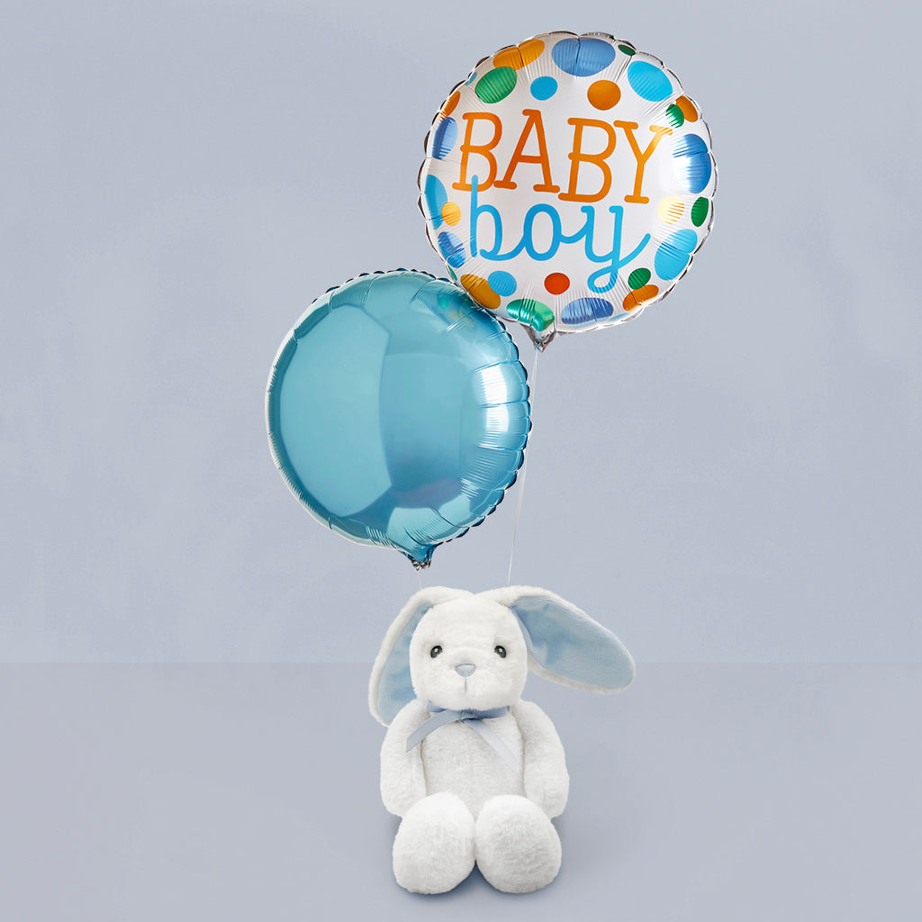 Baby Boy Balloon Duo with Little Blue Bunny Soft Toy