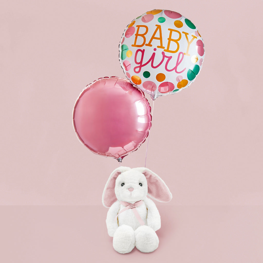 Welcome Baby Girl Balloons with Little Pink Bunny Soft Toy