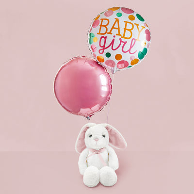 Welcome Baby Girl Balloons with Little Pink Bunny Soft Toy