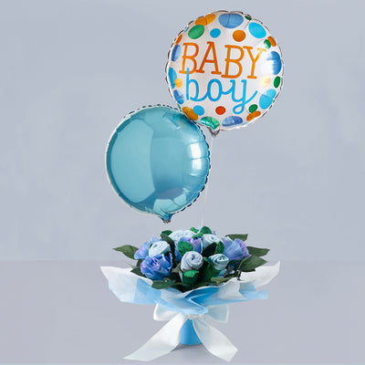 Baby Boy Balloon Duo and Hand Tied Baby Clothes Bouquet