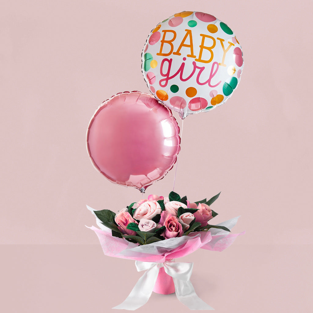 Welcome Baby Girl Balloon Duo with Babyblooms' Hand Tied Baby Clothes Bouquet, Pink