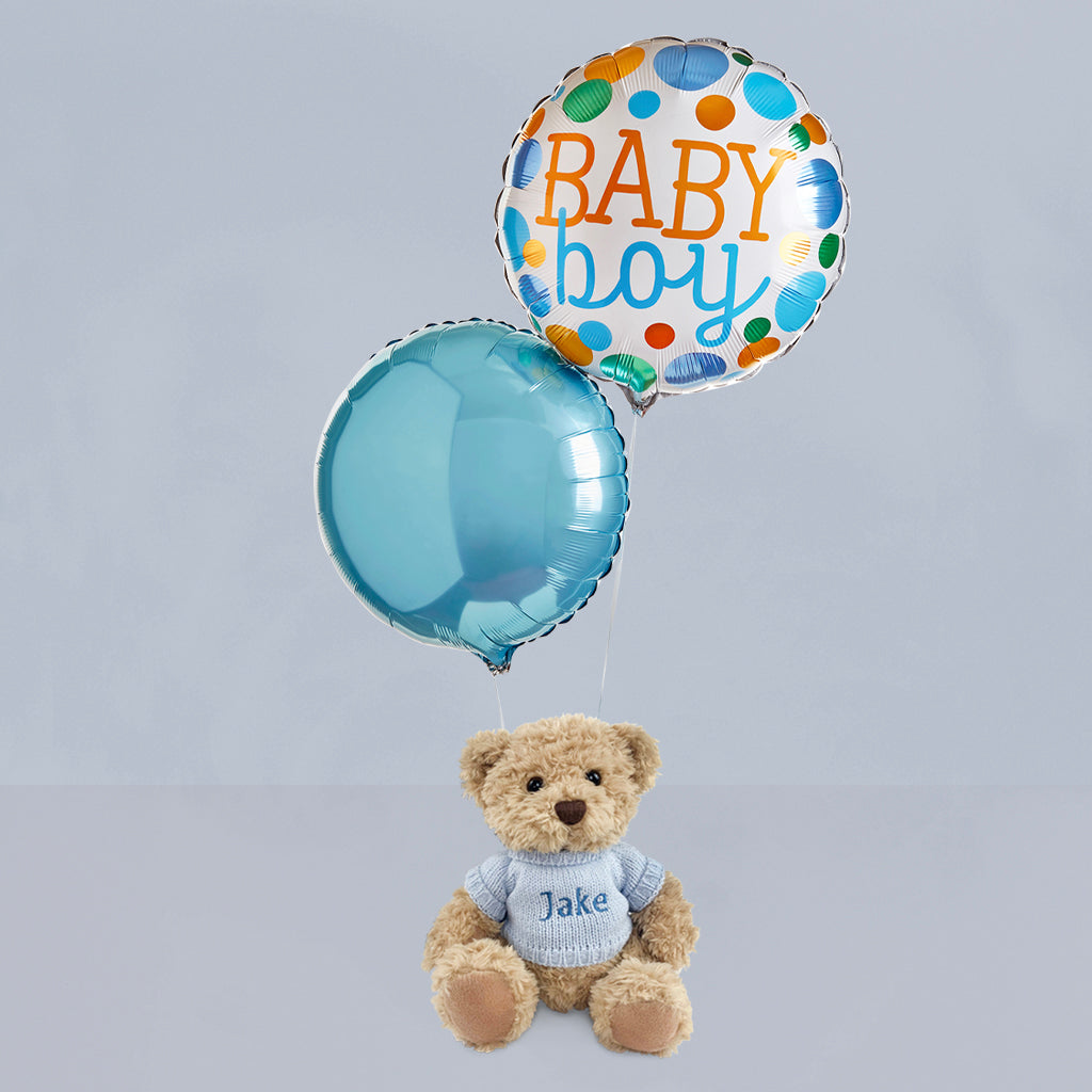 Baby Boy Balloon Duo with Personalised Bertie Bear