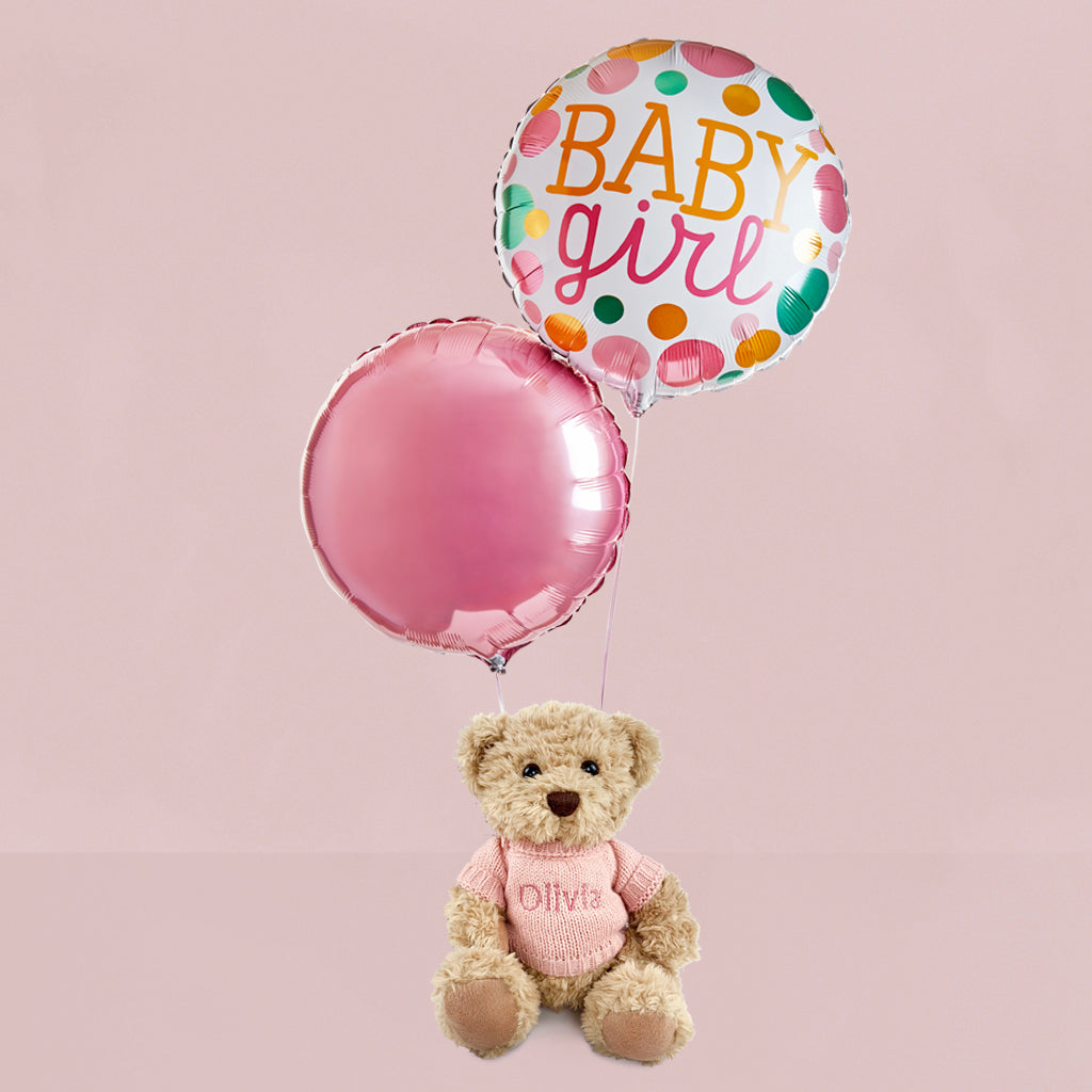 Babyblooms' Welcome Baby Girl Balloon Duo with Personalised Bertie Bear Soft Toy, Pink