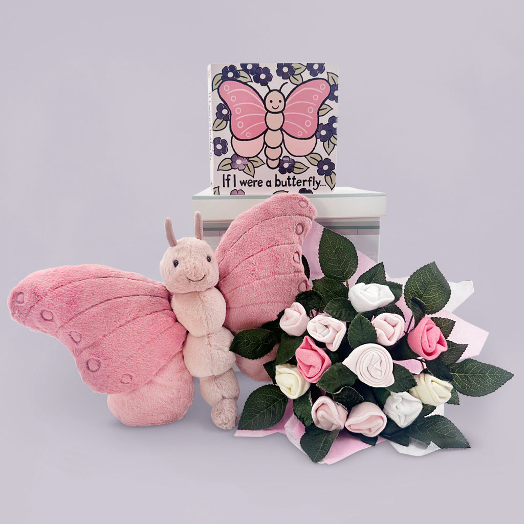 Jellycat Beatrice Butterfly Soft Toy and If I Were A Butterfly Book, Babyblooms' Welcome Posy Pink