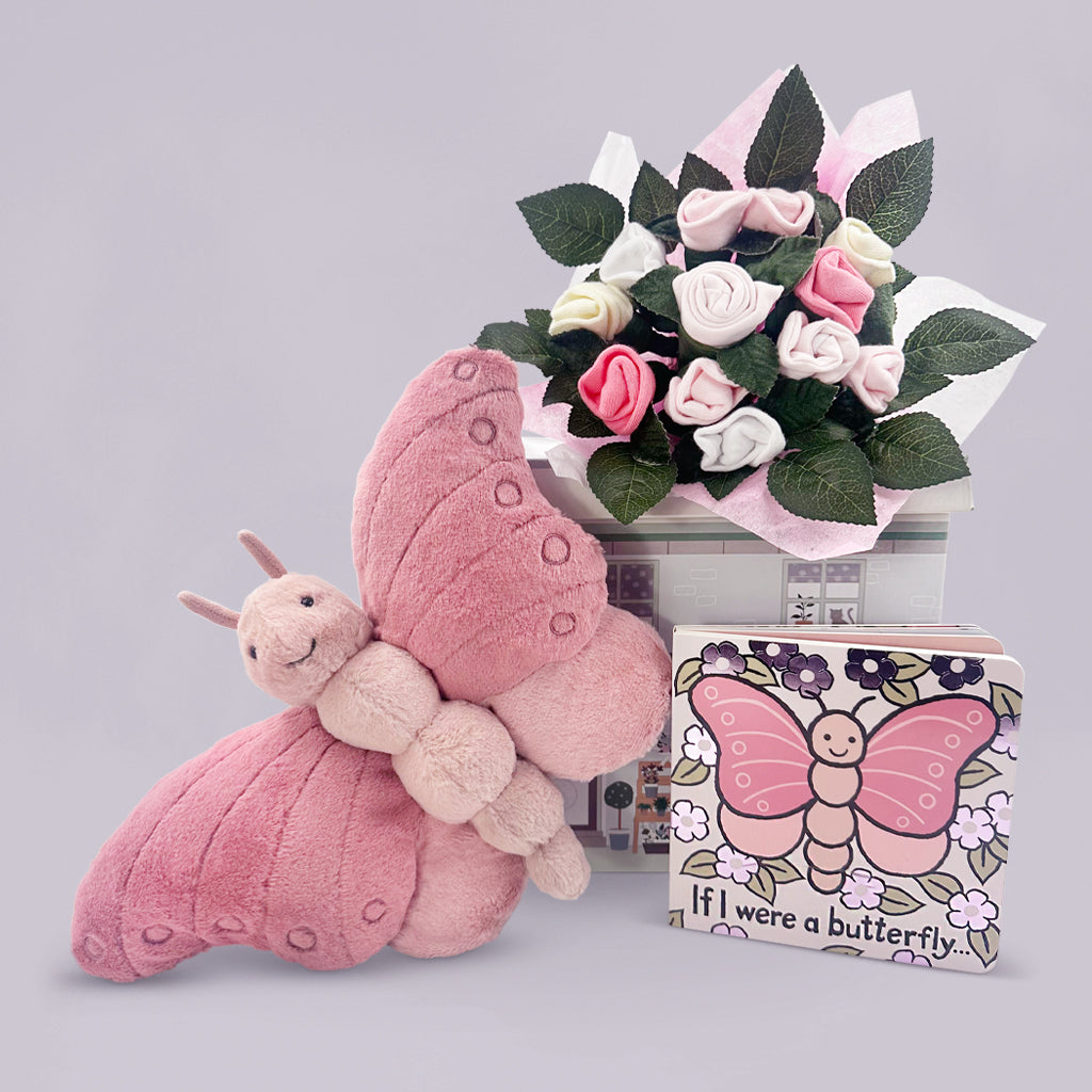 Jellycat Beatrice Butterfly Soft Toy and If I Were A Butterfly Book, Babyblooms' Welcome Posy Pink