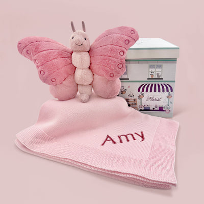 Jellycat Beatrice Butterfly with Personalised Knitted Blanket, Pink