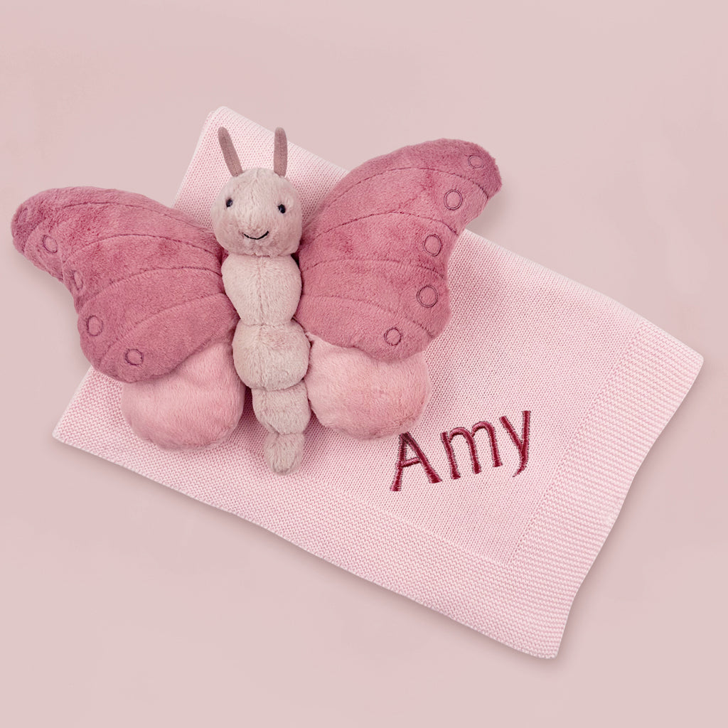 Jellycat Beatrice Butterfly with Personalised Knitted Blanket, Pink