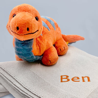 Steiff Bronko Brontosaurus with Personalised Grey Knitted Blanket, Close Up