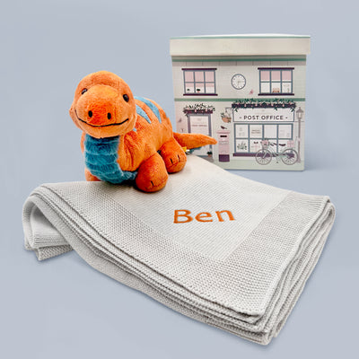 Steiff Bronko Brontosaurus with Personalised Grey Knitted Blanket