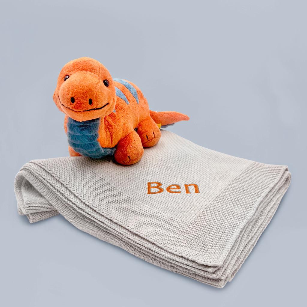 Steiff Bronko Brontosaurus with Personalised Grey Knitted Blanket