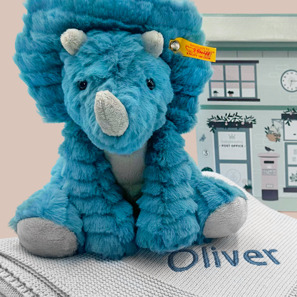 Steiff Dixi Triceratops with Personalised Grey Knitted Blanket, Close Up;