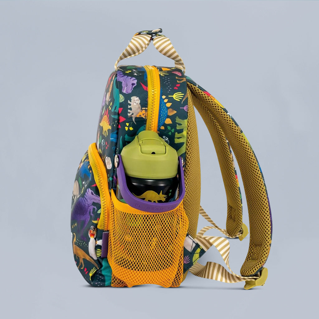 Floss & Rock Dinosaur Backpack, Close Up including Dinosaur Drinks Bottle 