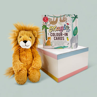 Jellycat Bashful Lion Soft Toy with Floss & Rock Magic Water Cards, Jungle Gift Set