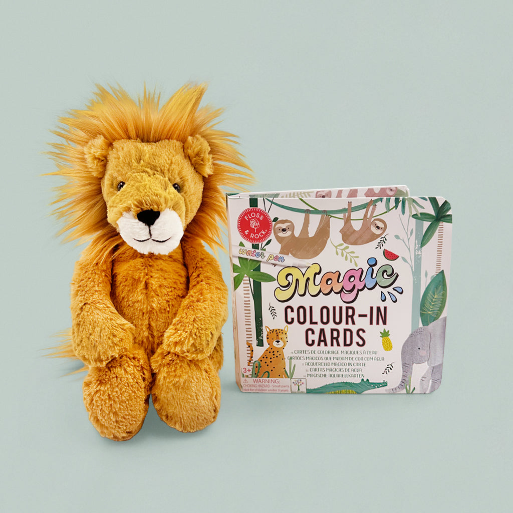 Jellycat Bashful Lion with Floss & Rock Jungle Magic Water Cards