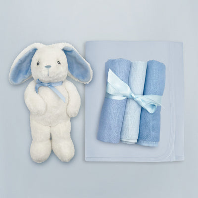 Babyblooms' Little Blue Eco Bunny, Trio Of Muslins, Blue Snuggle Wrap