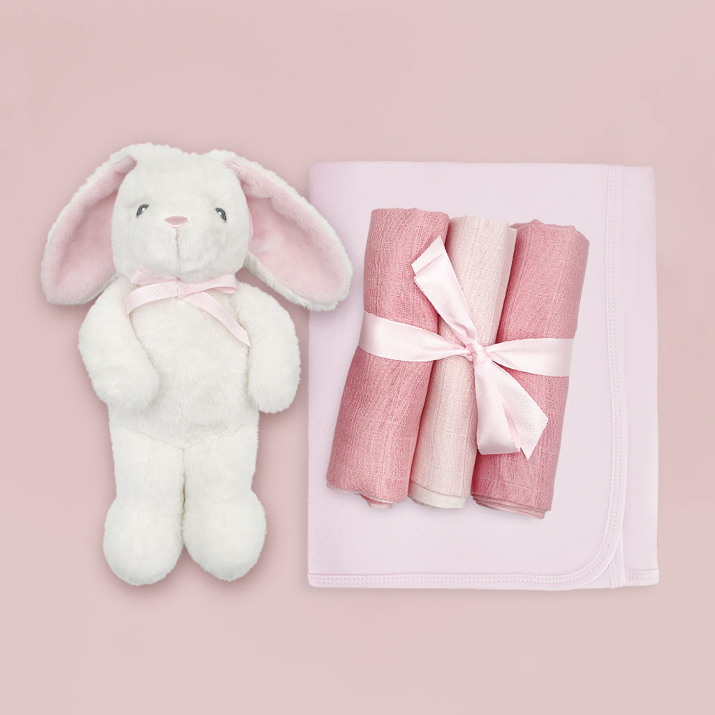 Babyblooms' Little Pink Eco Bunny, Trio of Muslins, Pink Snuggle Wrap