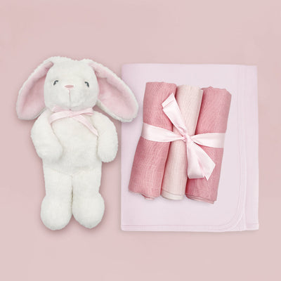 Babyblooms' Little Pink Eco Bunny, Trio of Muslins, Pink Snuggle Wrap