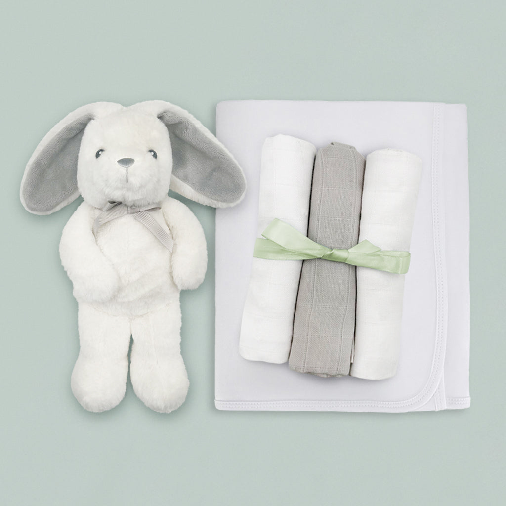 Babyblooms' Little Grey Bunny Soft Toy, White Snuggle Wrap, Trio of Muslins