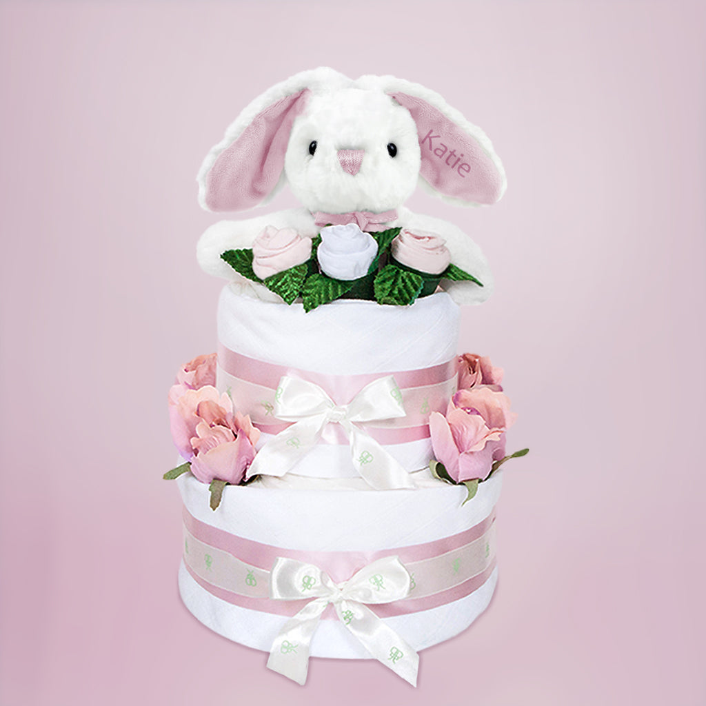 Baby Shower Gift Personalised Eco Pink Bunny Soft Toy Two Tier Diaper Cake