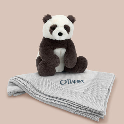 Jellycat Harry Panda Soft Toy and Personalised Grey Kitted Blanket