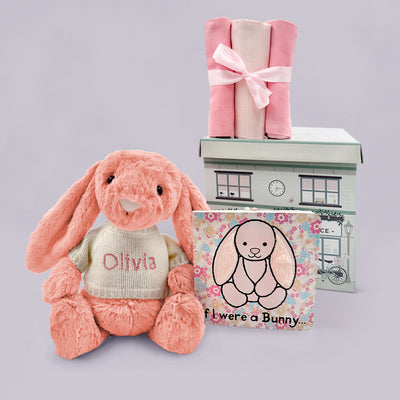 Personalised Jellycat Bashful Bunny Gift Set, Sorrel