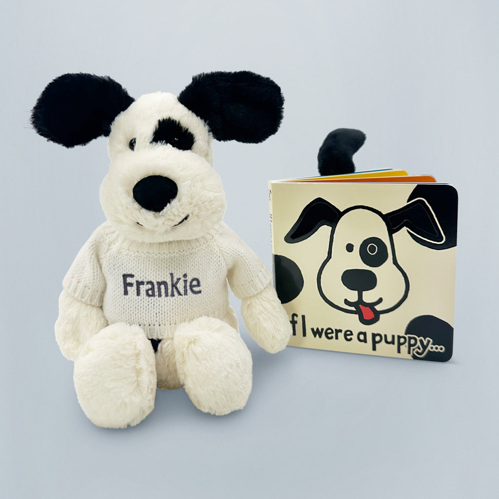 Personalised Jellycat Bashful Black and Cream Puppy with If I Were A Puppy Board Book