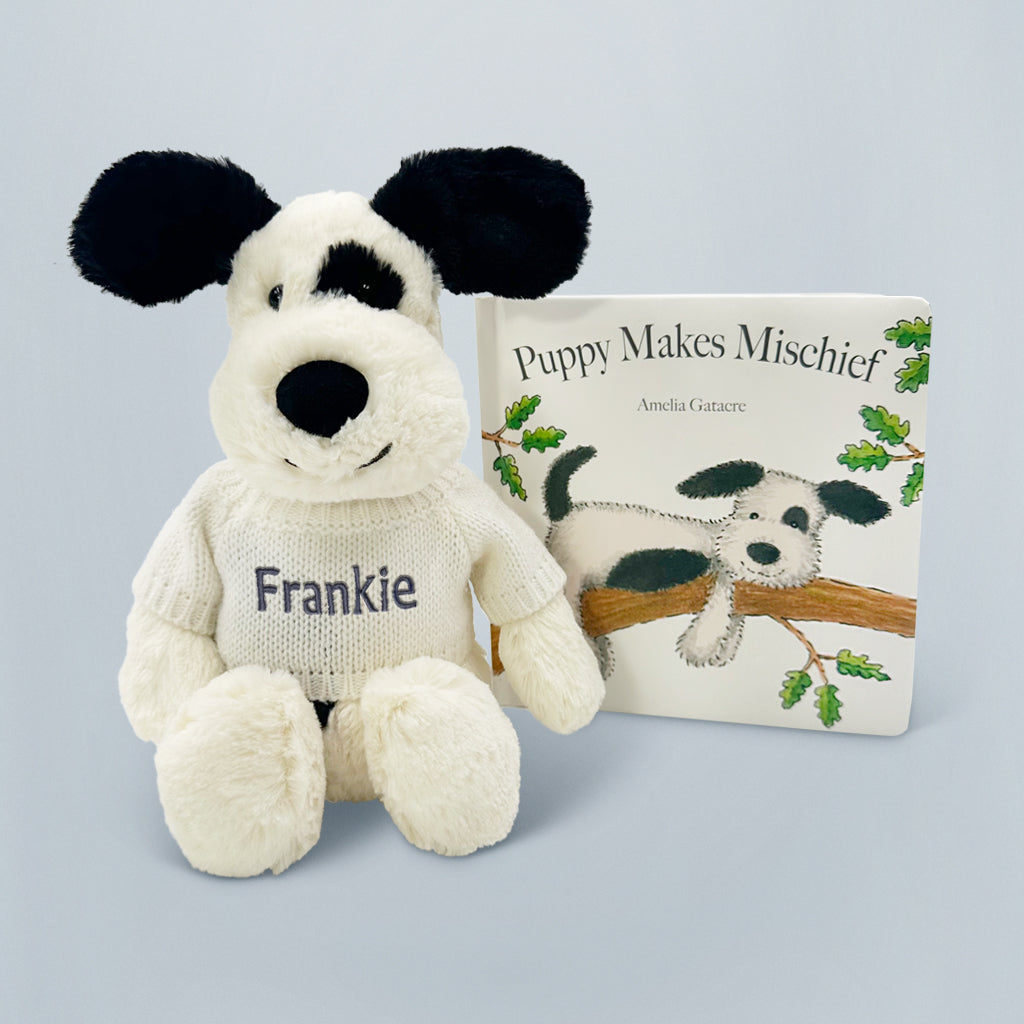 Jellycat Personalised Bashful Black and Cream Puppy with Puppy Makes Mischief Book