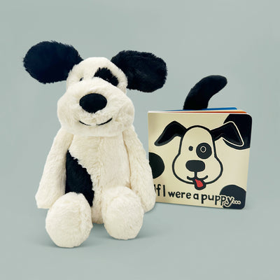 Jellycat Bashful Black and Cream Puppy with If I Were A Puppy Book