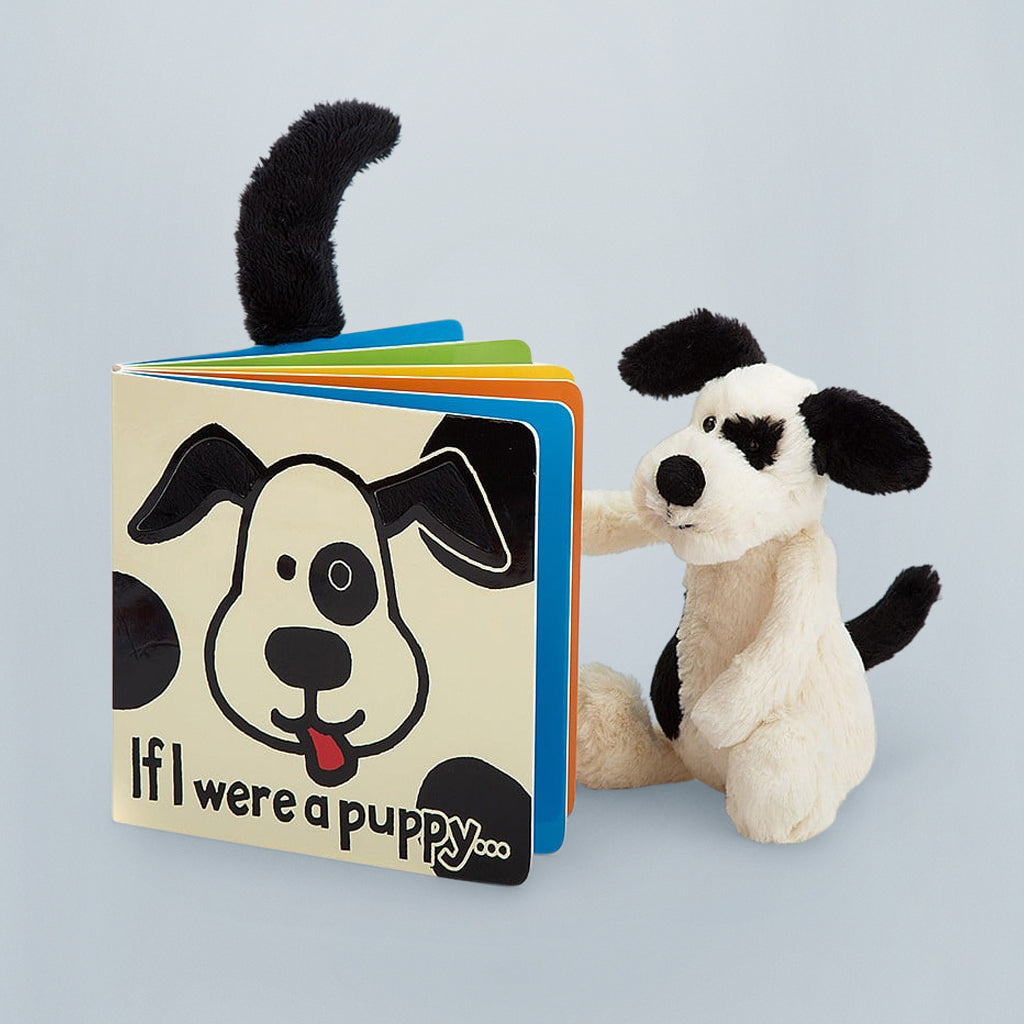 Jellycat Bashful Black and Cream Puppy with If I were A Puppy Board Book
