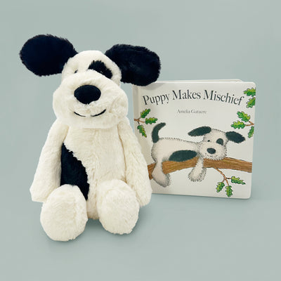 Jellycat Bashful Black and Cream Puppy with Puppy Makes Mischief Book