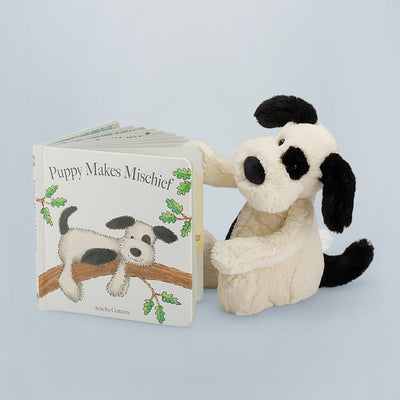 Jellycat Bashful Black and Cream Puppy with Puppy Makes Mischief Book