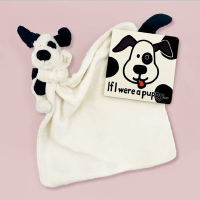 Jellycat Bashful Black and Cream Puppy Soother with If I Were A Puppy Board Book