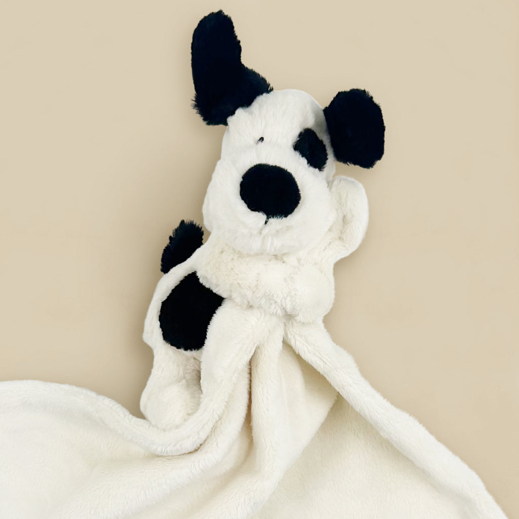 Jellycat Bashful Black and Cream Puppy Soother, Close Up