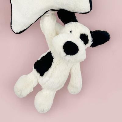 Jellycat Bashful Black and Cream Puppy Musical Pull Close Up