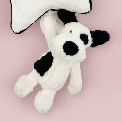 Jellycat Bashful Black and Cream Puppy Musical Pull, Close Up