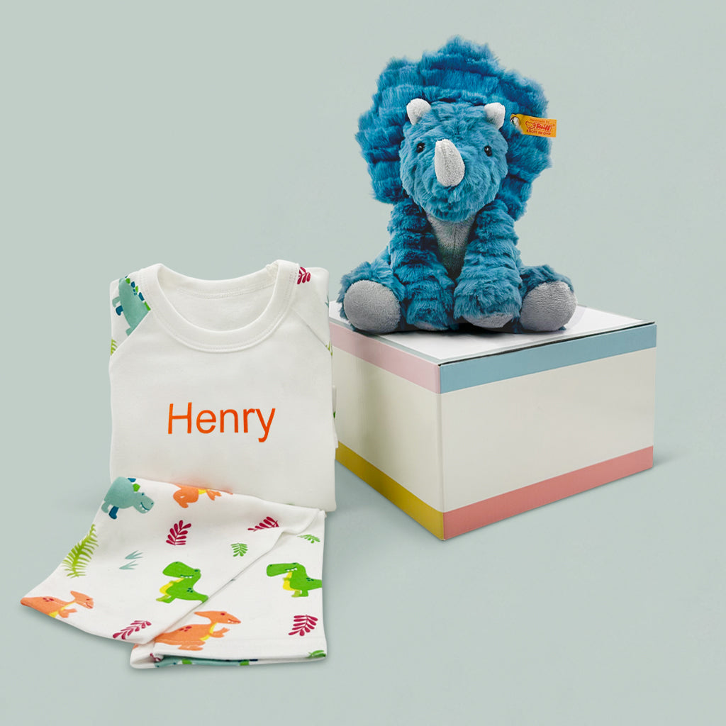 Steiff Dixi Triceratops with Personalised Dinosaur Pyjamas Gift Set