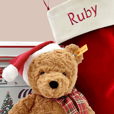 Steiff Jimmy Christmas Bear and Personalised Red Stocking Gift Set, Close Up