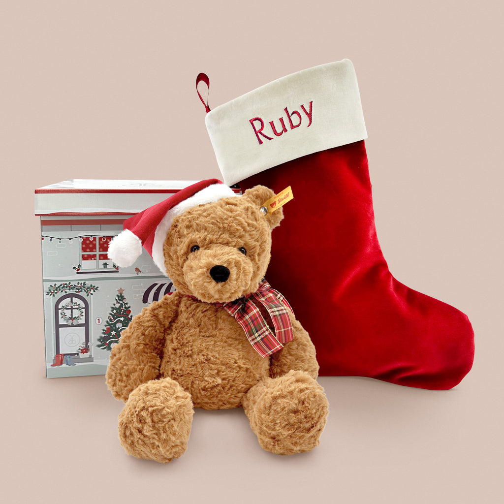 Steiff Jimmy Christmas Bear and Personalised Red Stocking Gift Set