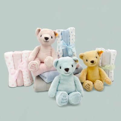 My First Steiff Muslins and Blanket New Baby Gift Sets, Pink, Blue and Neutral