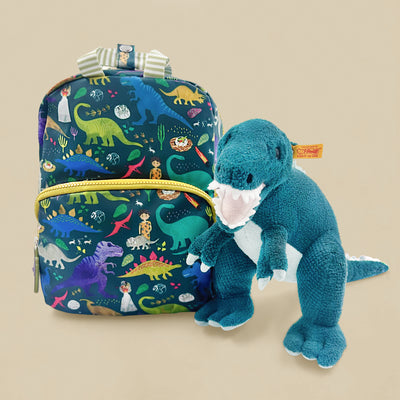 Steiff Thaisen T-Rex Soft Toy with Floss & Rock Dinosaur Backpack