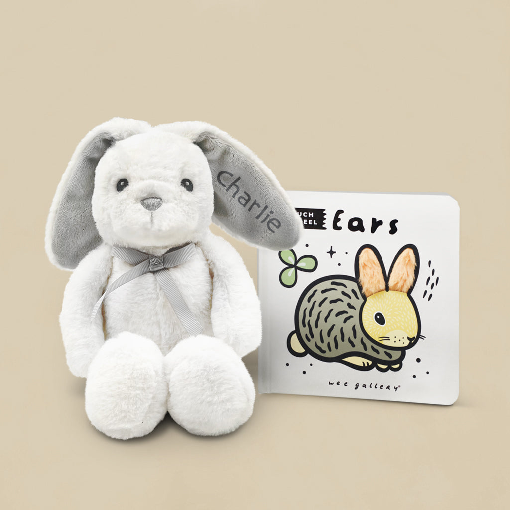 Wee Gallery Touch and Feel Book, Ears with Personalised Little Grey Bunny Soft Toy