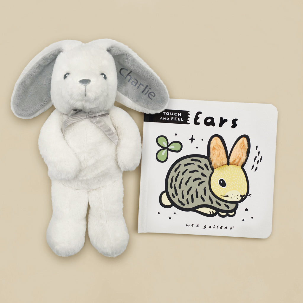 Wee Gallery Touch and Feel Book, Ears with Personalised Little Grey Bunny Soft Toy