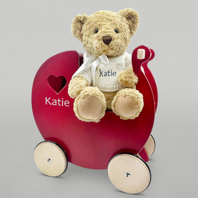 Personalised Red Wooden Pram Bernard Bear