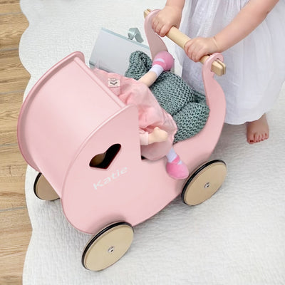 Personalised Pink Wooden Pram & Bernard Bear